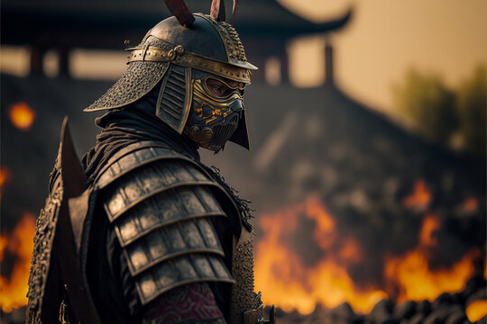 portrait of a focused samurai in armor and a mask against the background of a burning ruined city, a portrait of a warrior after the battle, AI generated cinematic art