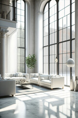 Fototapeta na wymiar Minimalist white loft interior. Huge windows with sunlight. Designed using generative ai.