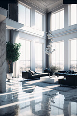 Fototapeta na wymiar Minimalist white loft interior. Huge windows with sunlight. Designed using generative ai.