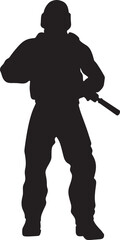 Black and white silhouette of a soldier with a weapon. A special forces soldier aims and shoots a rifle or a machine gun at the enemy	
