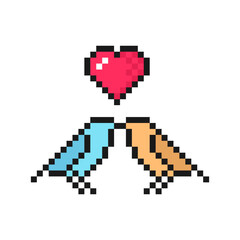 Two kissing love birds and a heart between them. Symbol for Valentine's Day. Isolated on white background vector sign