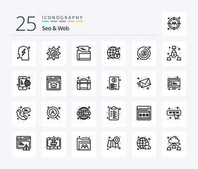 Seo & Web 25 Line icon pack including contact. address. web. globe. globe