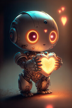 Foto ilustración generada por una ia generativa de un pequeño y lindo robot futurista sosteniendo un corazón que brilla