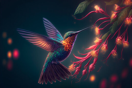 Bella ilustraci&oacute;n donde un p&aacute;jaro colibr&iacute; de llamativos colores esta bebiendo n&eacute;ctar de unas flores brillantes de fantas&iacute;a mientras vuela. IA Generativa.
