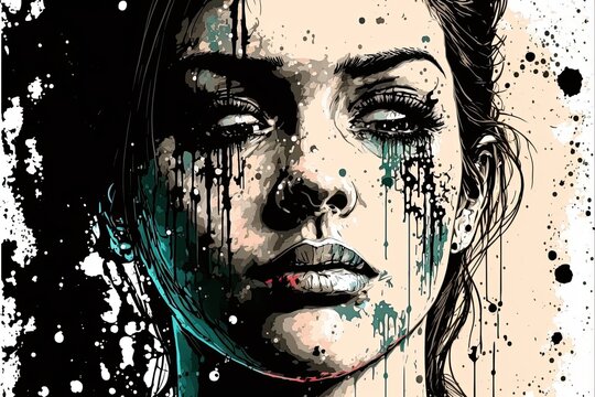 Dibujo de un rostro femenino llorando con colores azul y negro. IA Generativa. 