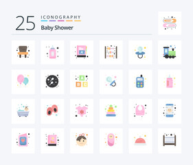 Baby Shower 25 Flat Color icon pack including toy. nipple. words. dummy. count