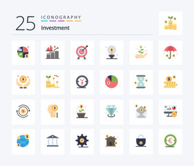 Investment 25 Flat Color icon pack including insurance. startup. bulb. investment. investment