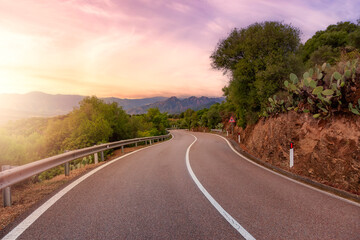 Scenic Highway, Orientale Sarda, in the mountain landscape. Sunset Sky Art Render. Sardinia, Italy.