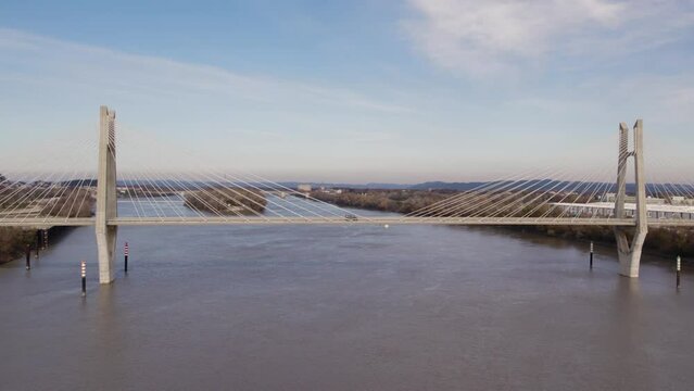 Car Crossing a Cable Stayed Suspension Bridge across the Rh&ocirc;ne river  Drone Backwards