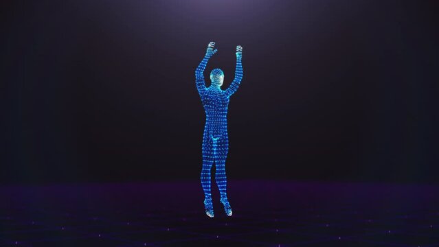 Wire-frame male doing burpees in loop. Standing male figure doing burpees while remaining in the same place. Seamless loop movement.