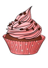 cupcake with pink cream hand drawn illustration