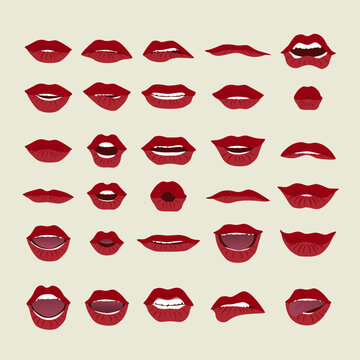 Lipsink, lip animation. The mouths pronounce different letters. Lips in different poses.