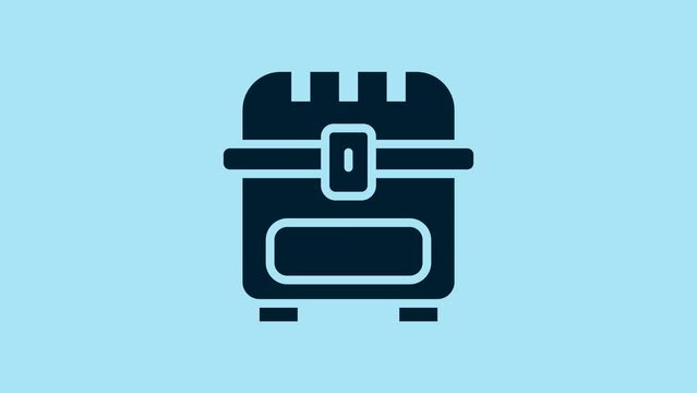 Blue Antique treasure chest icon isolated on blue background. Vintage wooden chest with golden coin. 4K Video motion graphic animation