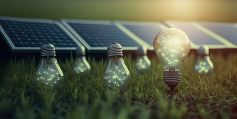 light bulbs and solar panels on a field. clean energy concept. generative ai. illustration.