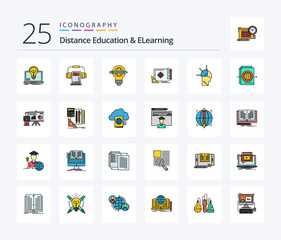 Fototapeta na wymiar Distance Education And Elearning 25 Line Filled icon pack including marketing. file. book. achievement. bulb