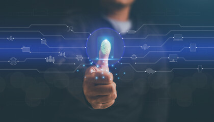 Biometric identification and protect transaction from online digital cyber attack, Computer data network protection concept. Businessman using thumb scan for access to data network.