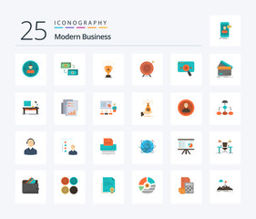 Modern Business 25 Flat Color icon pack including business. achievement. business. trophy. financial