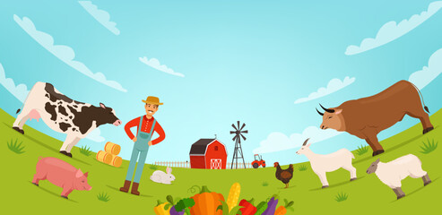Farmer and farm animals in cartoon scene lanscape background
