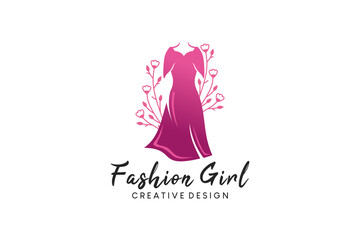 Floral women dress logo design, beauty fashion logo vector illustration