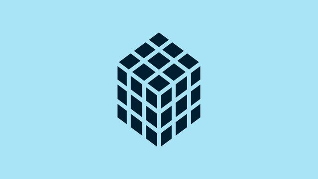 Blue Rubik cube icon isolated on blue background. Mechanical puzzle toy. Rubik's cube 3d combination puzzle. 4K Video motion graphic animation