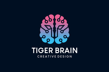 Digital technology brain logo design with tiger head concept