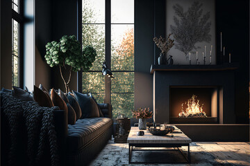 Highly detailed modern design living room with fireplace and black walls. Designed using generative ai