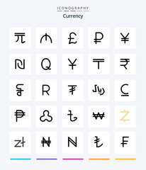 Creative Currency 25 Line FIlled icon pack  Such As yuan. yen. pound sterling. sign. coin