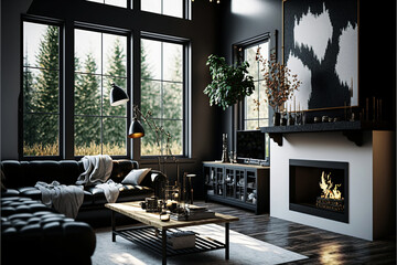 Highly detailed modern design living room with fireplace and black walls. Designed using generative ai