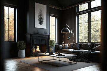 Obraz premium Highly detailed modern design living room with fireplace and black walls. Designed using generative ai