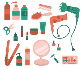 Face make up tools object icon set. Cosmetic stuff and accessories collections vector illustration