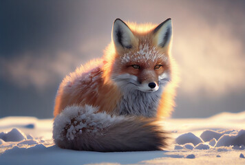 Obraz premium cute baby fluffy fox in snow winter. Illustration Generative AI