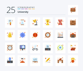 University 25 Flat Color icon pack including genetics. lamp. trophy. achievement