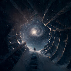 An illustration of a person staring up into the infinite snow tunnel