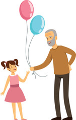 Smiling grandfather giving balloons to little girl. Cartoon senior with granddaughter