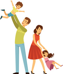 Mother and father playing with kids. Happy parenting. Cartoon smiling boy and girl