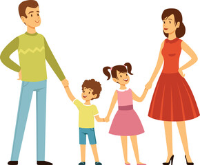 Happy parents with boy and girl. Family hold hands