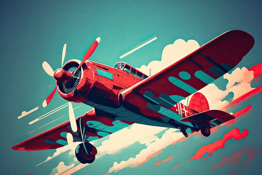 red vintage plane flying in the blue sky, digital art style, generative AI no background