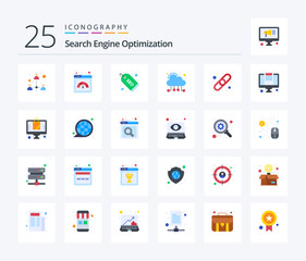 Seo 25 Flat Color icon pack including online. connect. marketing. chain. computing