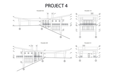 Vector architectural project of a two storey building with a landscape design, located on a mountain