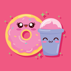 sweet donut with milkshake kawaii