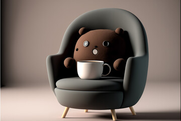 Armchair with a cute pillow and a cup of coffee, generative ai