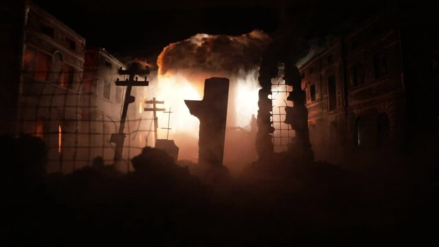Nuclear war apocalypse concept. Explosion of nuclear bomb in city. City destroyed by atomic war. Creative artwork decoration in dark. Selective focus