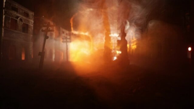 Nuclear war apocalypse concept. Explosion of nuclear bomb in city. City destroyed by atomic war. Creative artwork decoration in dark. Selective focus