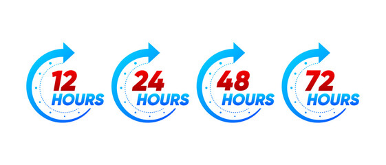 Clock icons 12 24 48 and 72 hours shipping. Fast delivery service website symbols, online deal remaining time. Service hours, business hours or shipping time symbol. Vector illustration.