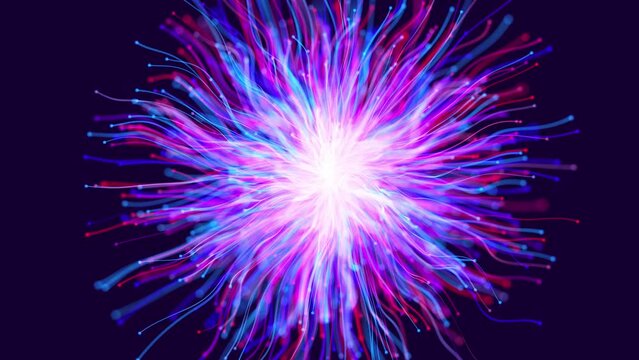 Flow of particles form sphere. Luma matte as alpha channel. Abstract bg with slow moving particles with tails. Undulating particles with trails. Motion design bg multicolor curves of particles.