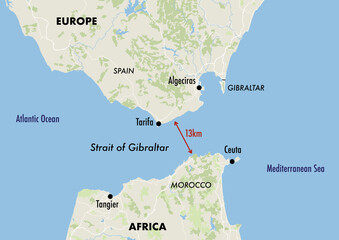Map of the Gibraltar Strait showing the distance between Europe and Africa © Dimitrios