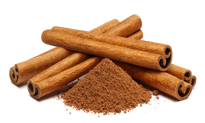 Cinnamon sticks and powder, isolated on white background