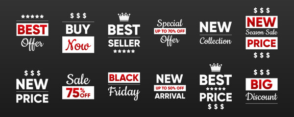Price Tags collection. Special offer or shopping discount label. Mega sale or Best seller or Mega discount. Promotional sale badge with text. Vector illustration.