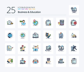 Business And Education 25 Line Filled icon pack including calculator. accounting. consultation. marker. worldwide