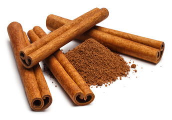 Cinnamon sticks and powder, isolated on white background